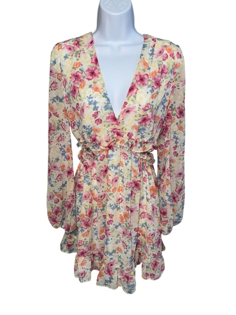 Women’s Privy Cream Floral V-Neck Long Sleeve Mini Dress - M